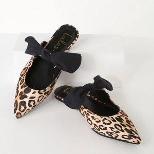 Lulu's Macey Leopard Suede Pointed Toe Bow Mules Flats Slip On Shoes Size 9